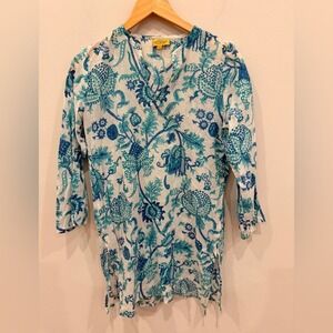 Roberta Roller Rabbit Floral Tunic Top XS Blue Green Cotton V-Neck 3/4 Sleeve